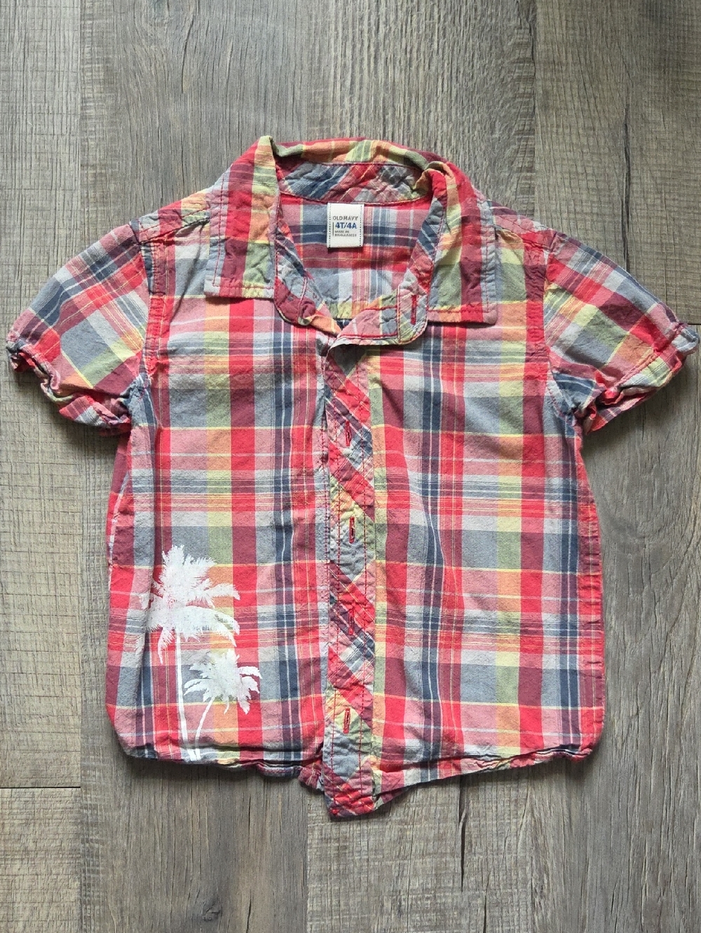 Old Navy Red Plaid Short-Sleeve Button-Down Shirt with Yellow & Gray Accents